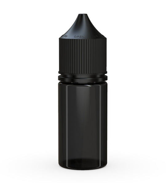 CHUBBY GORILLA | Child Resistant Stubby Unicorn PET Dropper Bottles w/ Black Lid | 30mL - Transparent Black - 1000 Count - 1