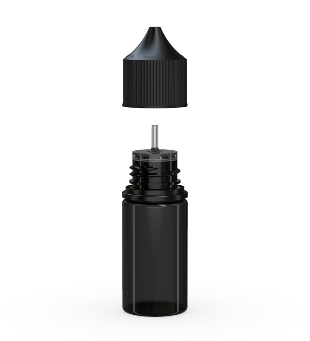 CHUBBY GORILLA | Child Resistant Stubby Unicorn PET Dropper Bottles w/ Black Lid | 30mL - Transparent Black - 1000 Count - 2
