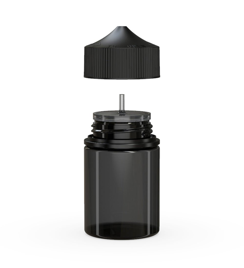 CHUBBY GORILLA | Child Resistant Stubby Unicorn PET Dropper Bottles w/ Black Lid | 60mL - Transparent Black - 500 Count - 2