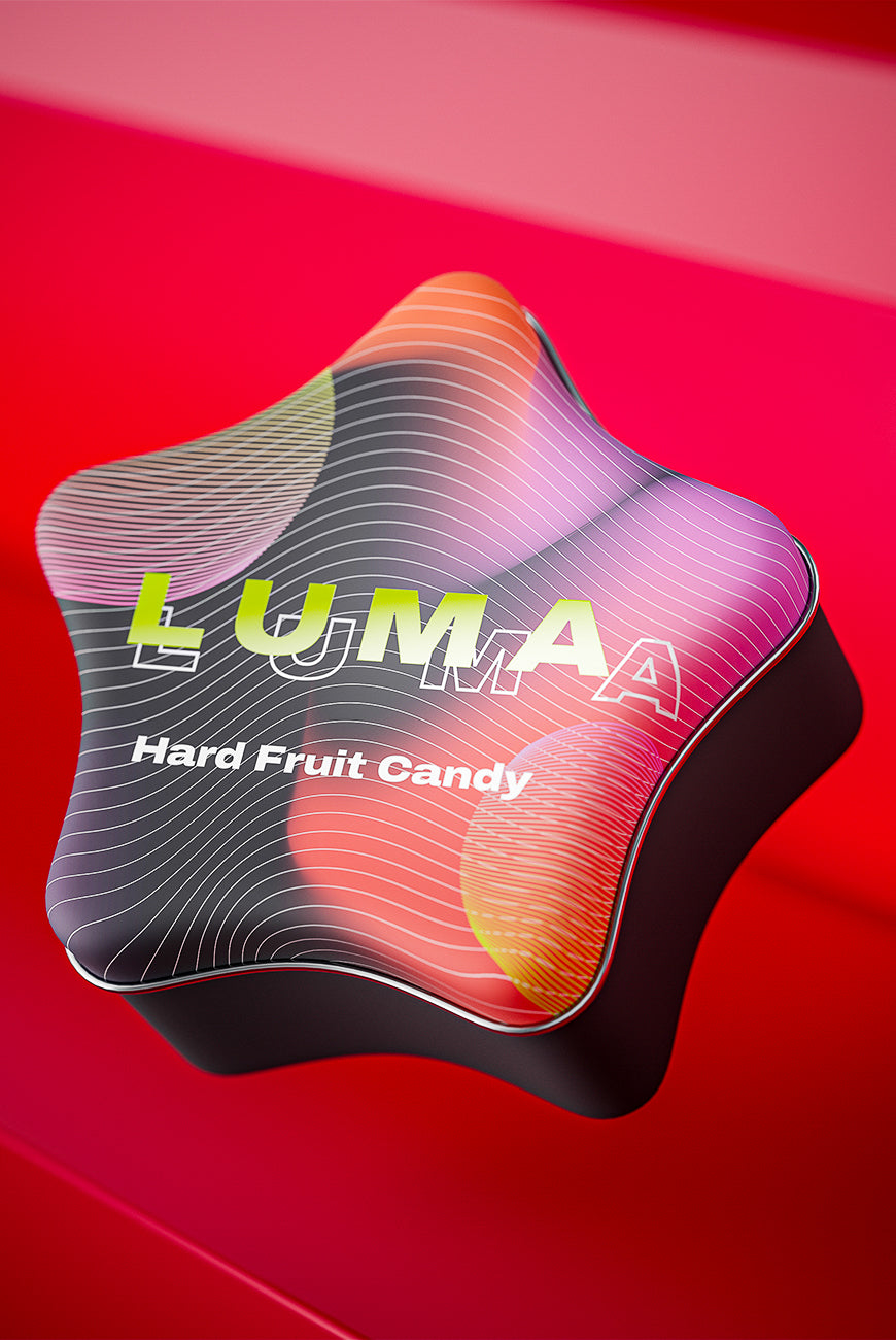 Custom-shaped design with vibrant colors and bold branding, crafted for eye-catching and modern product presentation.