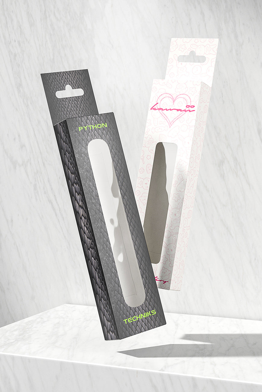 Rectangular box with a clear display window showcasing a sleek vape pen, featuring minimalist and modern branding