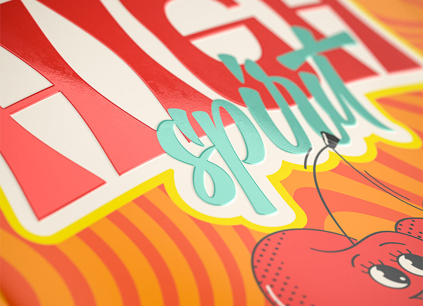 Close-up of a colorful custom packaging design with bold graphics and playful typography for branding.