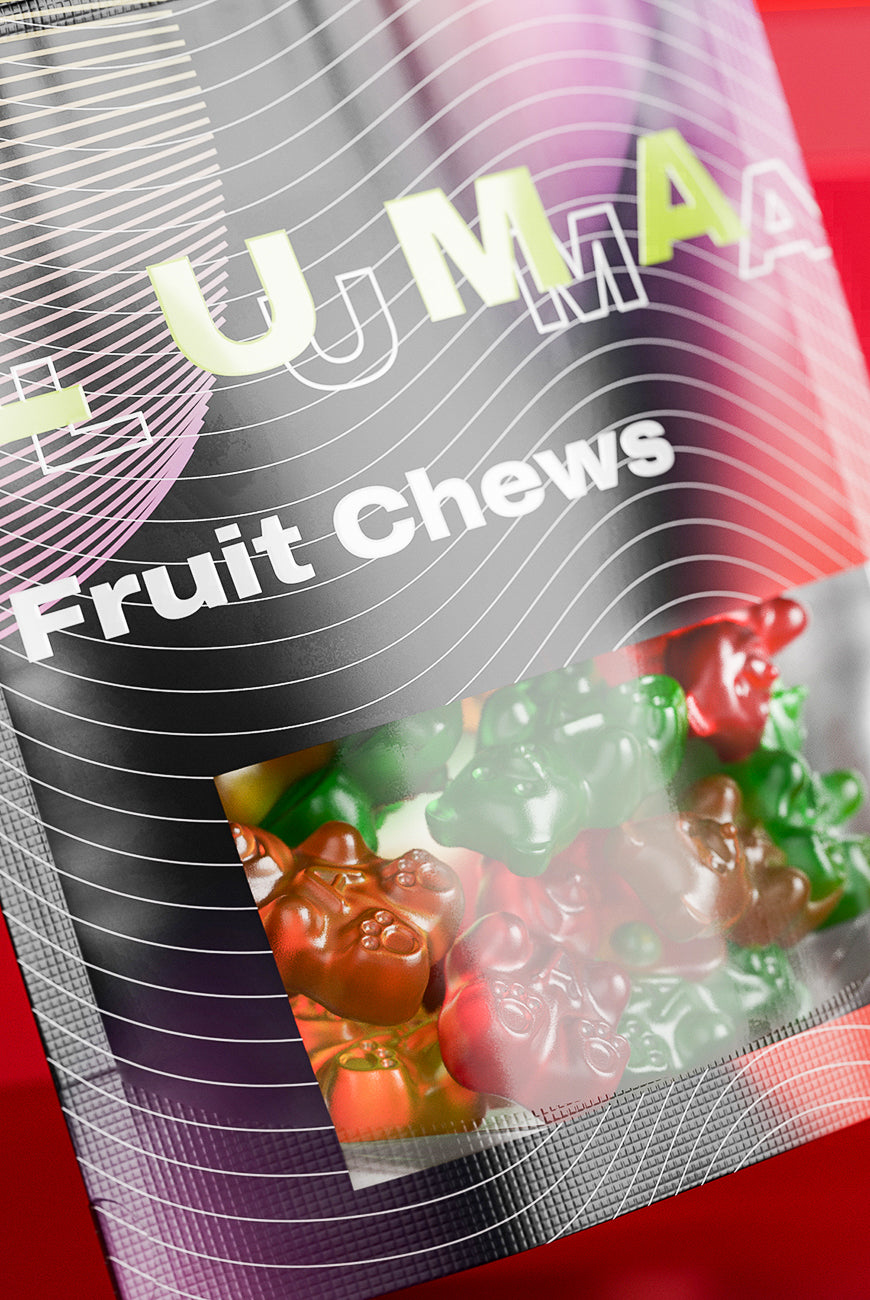 Clear resealable bag with custom-printed branding, featuring colorful fruit chews visible through the transparent material.