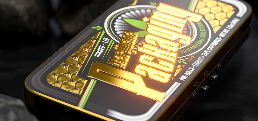 Premium metal tin with embossed gold accents and bold branding, designed for durable and high-end product storage.