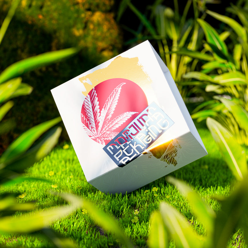 Square cardboard box with colorful custom branding, designed for sustainable and visually appealing packaging.