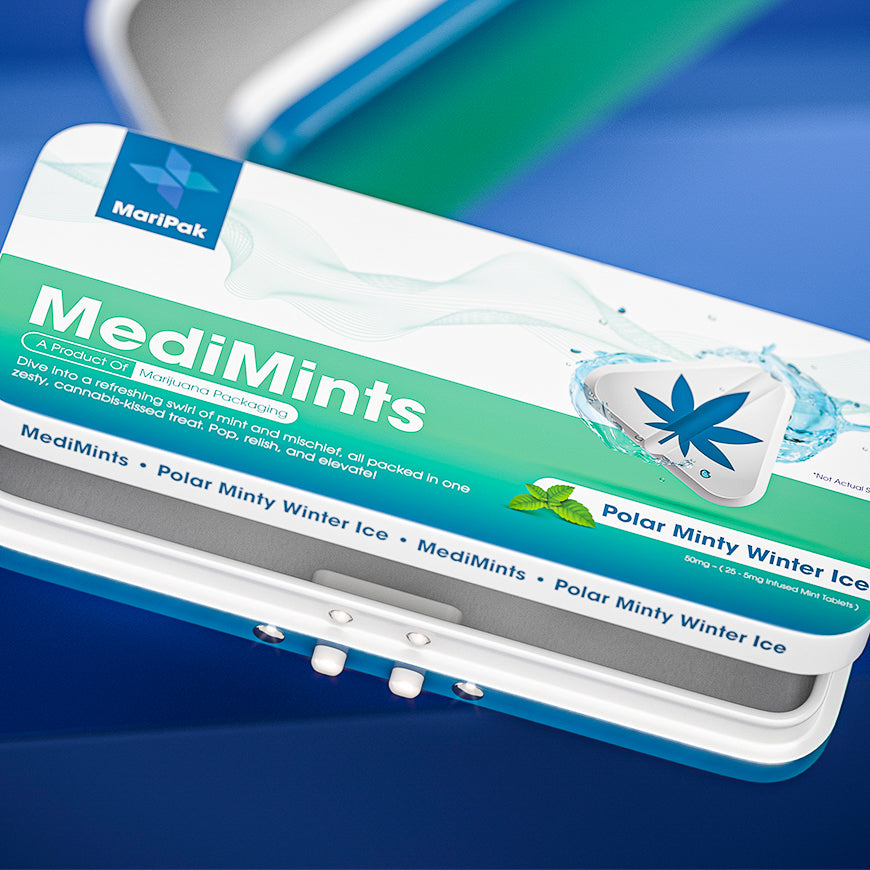 Tin packaging featuring mint-flavored tablets with bold branding, designed for secure and organized storage.