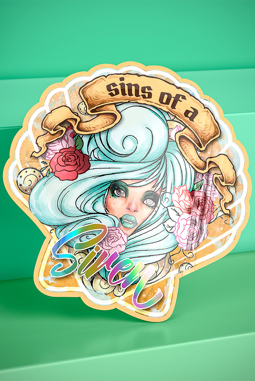 Glossy die-cut sticker with intricate multicolor artwork and a decorative design for branding or promotional use.