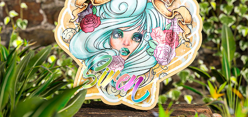 Die-cut sticker with vibrant and intricate artwork, featuring glossy finishes for decorative or branding purposes.