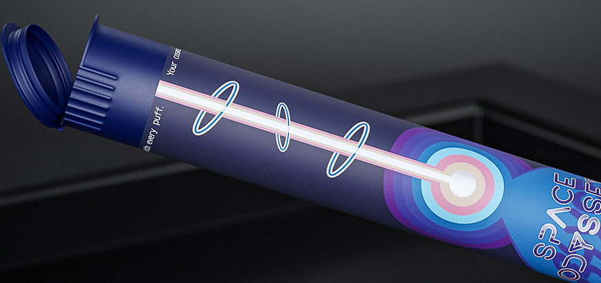 Blue pre-roll tube with a vibrant and futuristic design, crafted for secure and eye-catching product storage.