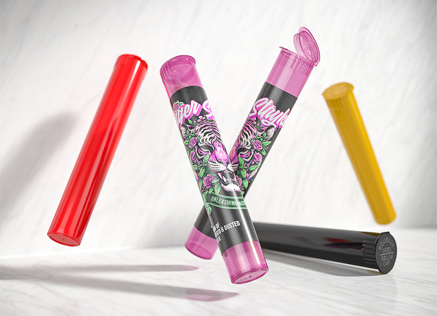 Colorful pre-roll tubes with secure caps, featuring vibrant designs and durable materials for stylish product storage.