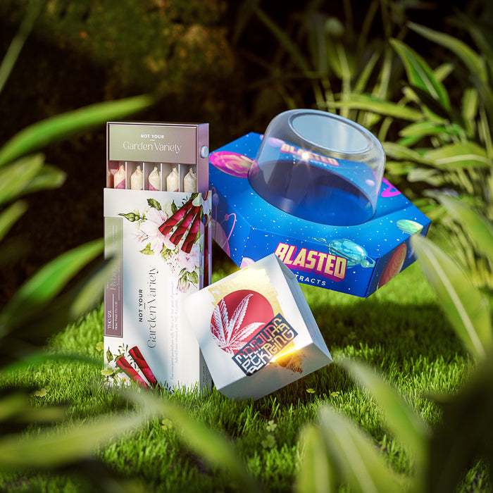 Assorted packaging, including resealable pouches and custom boxes, with vibrant designs and eco-friendly materials.