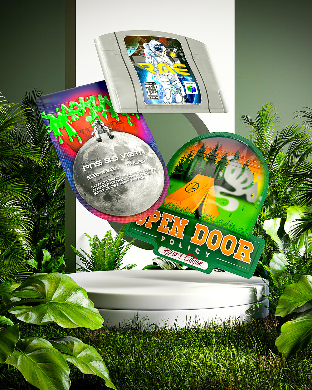 Eco-friendly resealable pouches and tins with vibrant branding, featuring detailed graphics for modern product packaging.