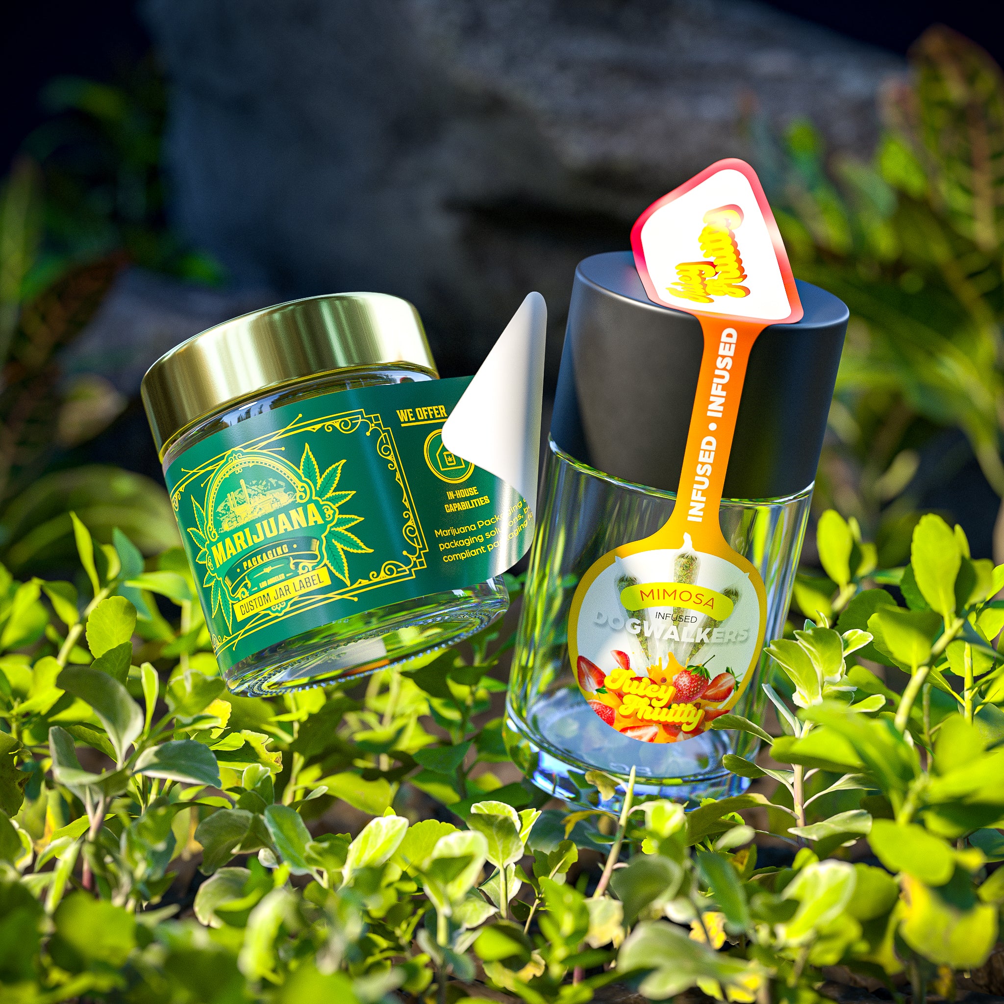 Glass jars with metallic lids and intricate labels, showcasing premium branding and functional design.
