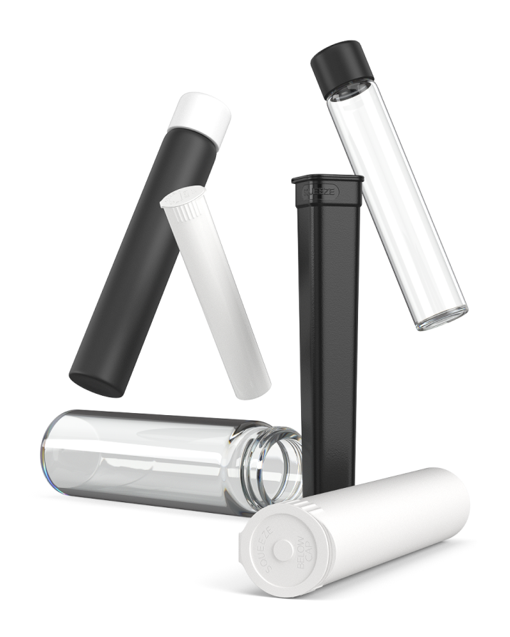 Durable pre-roll tubes in black, white, and clear finishes with secure lids, designed for compact and reliable storage.