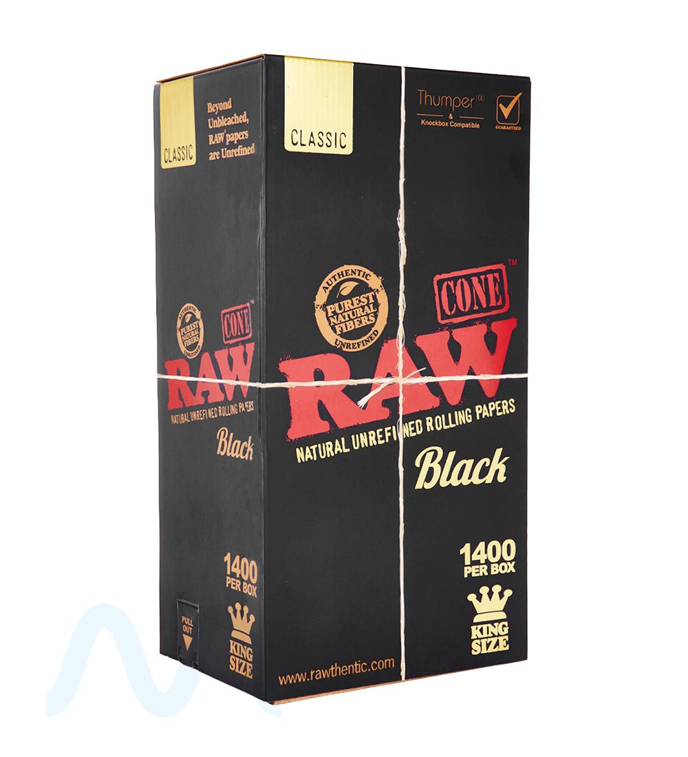 RAW | Black Classic King Size Pre - Rolled Cones | 109mm - Unbleached Paper - 1400 Count - 1
