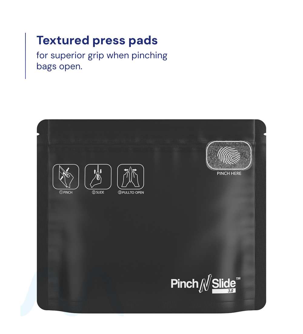 Child Resistant & Tamper Evident | Pinch N Slide 3.0 Matte Black Mylar Exit Bags | 8in x 6.7in - 28g - 250 Count - 1