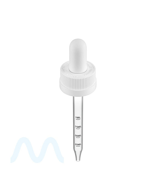 Child Resistant | White Graduated Ribbed Glass Dropper Cap | 2oz - 1mL - 240 Count - 1
