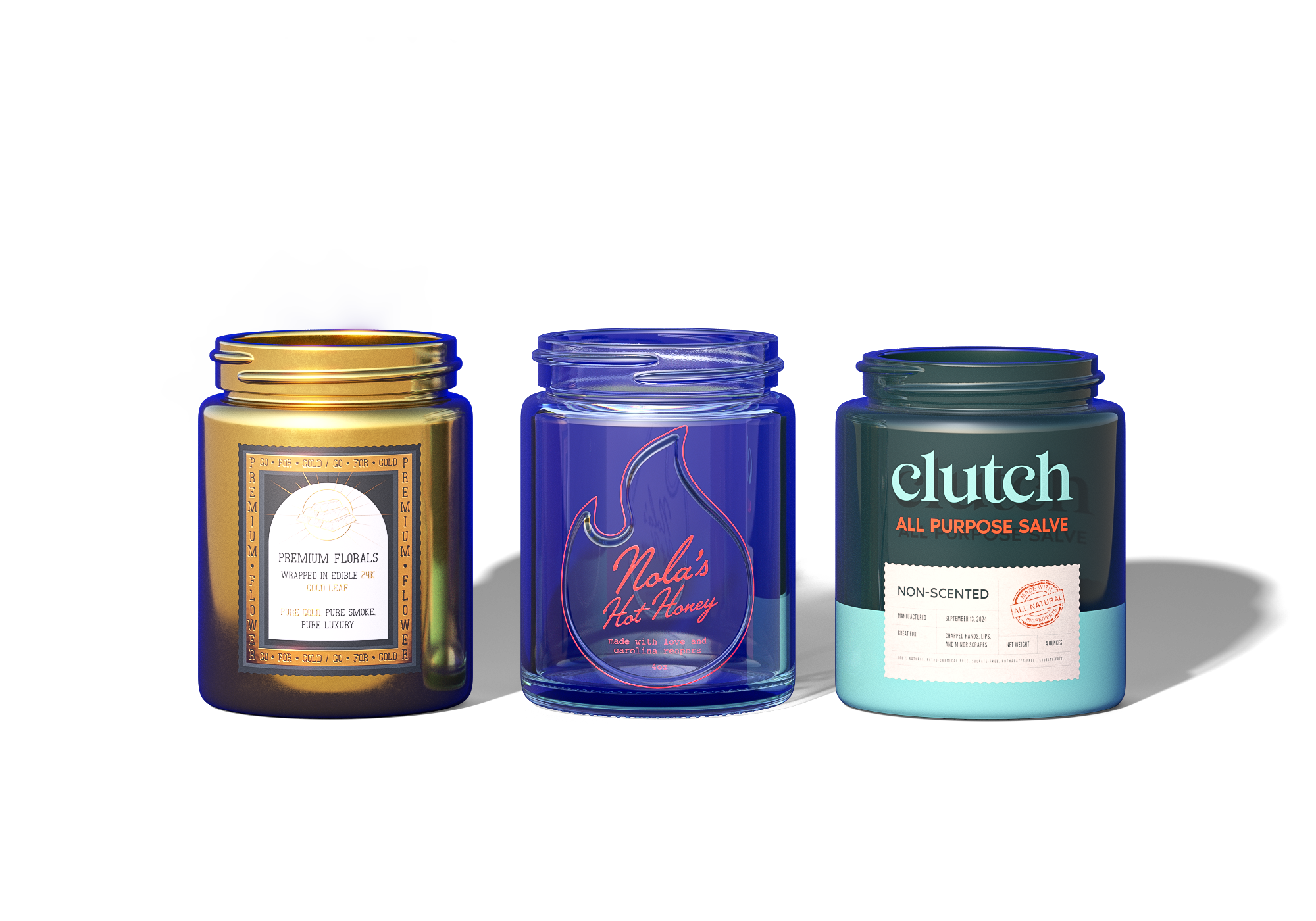 Custom branded glass jars with colorful labels and secure screw-top lids, designed for premium product presentation and storage.