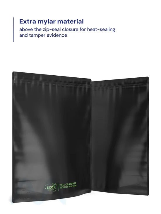 Tamper Evident | Matte Black Mylar PCR Bags (No Tear Notch) | 14.6in x 16.4in - 448g - 100 Count - 6