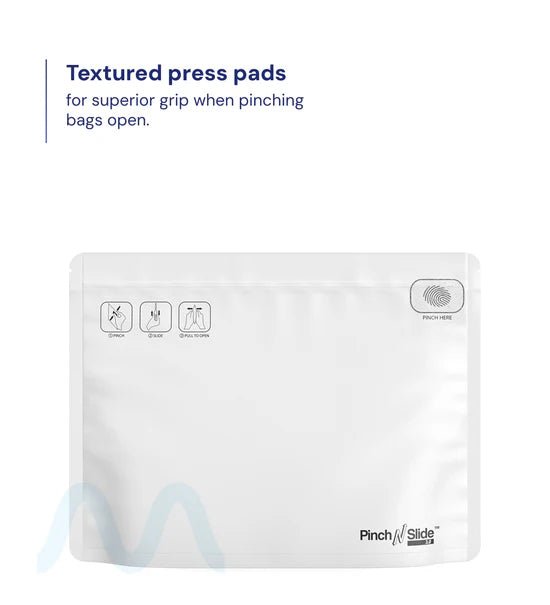 Child Resistant & Tamper Evident | Pinch N Slide 3.0 Matte White Mylar Exit Bags | 12in x 9in - 56g - 250 Count - 1