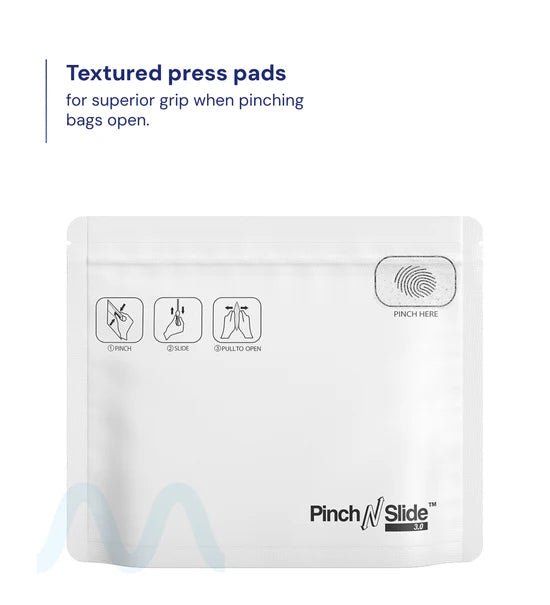 Child Resistant & Tamper Evident | Pinch N Slide 3.0 Matte White Mylar Exit Bags | 8in x 6.7in - 28g - 250 Count - 3