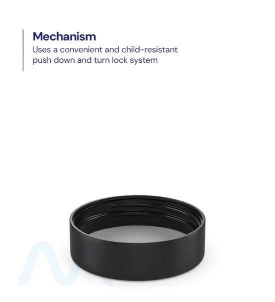 Child Resistant | Smooth Push Down & Turn Plastic PCR Caps w/ Text & Foam Liner | 50mm - Matte Black - 100 Count - 2