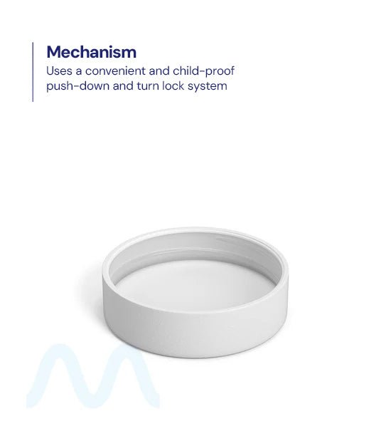 Child Resistant | Smooth Push Down & Turn Plastic PCR Caps w/ Text & Foam Liner | 50mm - Matte White - 100 Count - 2