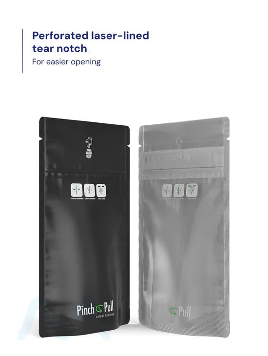 Child Resistant & Tamper Evident | Pinch N Pull Matte Black Vista PCR Mylar Bags | 4in x 7.4in - 7g - 250 Count - 7