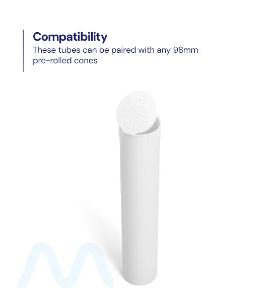 Child Resistant | Pop Top Opaque Plastic Pre - Roll Tubes (Open) | 98mm - White - 1000 Count - 5