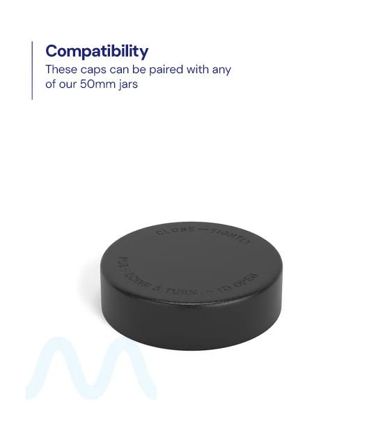 Child Resistant | Smooth Push Down & Turn Plastic Caps w/ Text & Foam Induction Heat Seal Liner | 50mm - Matte Black - 100 Count - 3