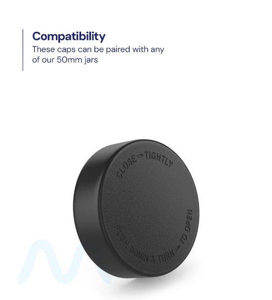 Child Resistant | Smooth Push Down & Turn Plastic PCR Caps w/ Text & Foam Liner | 50mm - Matte Black - 100 Count - 3