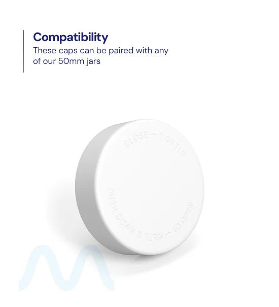 Child Resistant | Smooth Push Down & Turn Plastic PCR Caps w/ Text & Foam Liner | 50mm - Matte White - 100 Count - 3