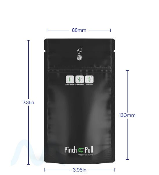 Child Resistant & Tamper Evident | Pinch N Pull Matte Black Vista PCR Mylar Bags | 4in x 7.4in - 7g - 250 Count - 1