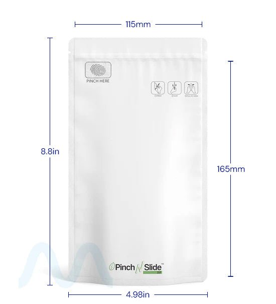 Child Resistant & Tamper Evident | Pinch N Slide 3.0 Matte White PCR Mylar Bags | 5in x 8.8in - 14g - 250 Count - 3