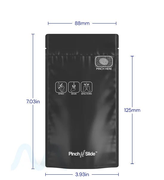 Child Resistant & Tamper Evident | Pinch N Slide 3.0 Matte Black Mylar PCR Bags | 4in x 7.4in - 7g - 250 Count - 4
