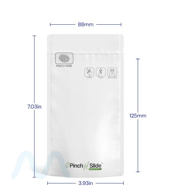 Child Resistant & Tamper Evident | Pinch N Slide 3.0 Matte White PCR Mylar Bags | 4in x 7.4in - 7g - 250 Count - 4
