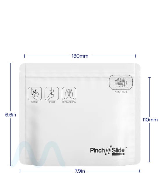Child Resistant & Tamper Evident | Pinch N Slide 3.0 Matte White Mylar Exit Bags | 8in x 6.7in - 28g - 250 Count - 2