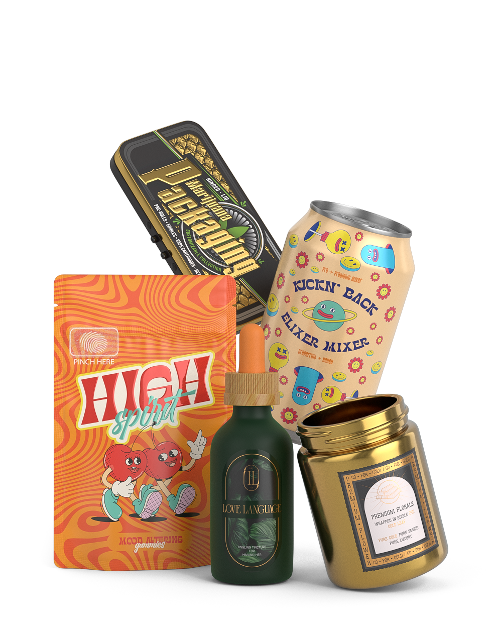 Assorted custom branded packaging in various form factors with colorful and standout designs