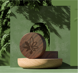 Round wooden container with engraved branding, showcasing an eco-friendly and minimalist design.