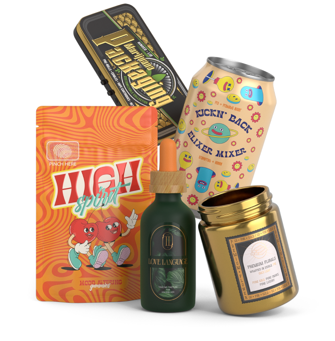 Creative custom branded packaging for businesses in various form factors with bags, jars, containers, cans, dropper bottle.
