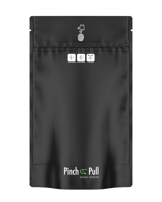 Child Resistant & Tamper Evident | Pinch N Pull Matte Black Mylar PCR Bags | 6in x 9.8in - 28g - 250 Count - 1