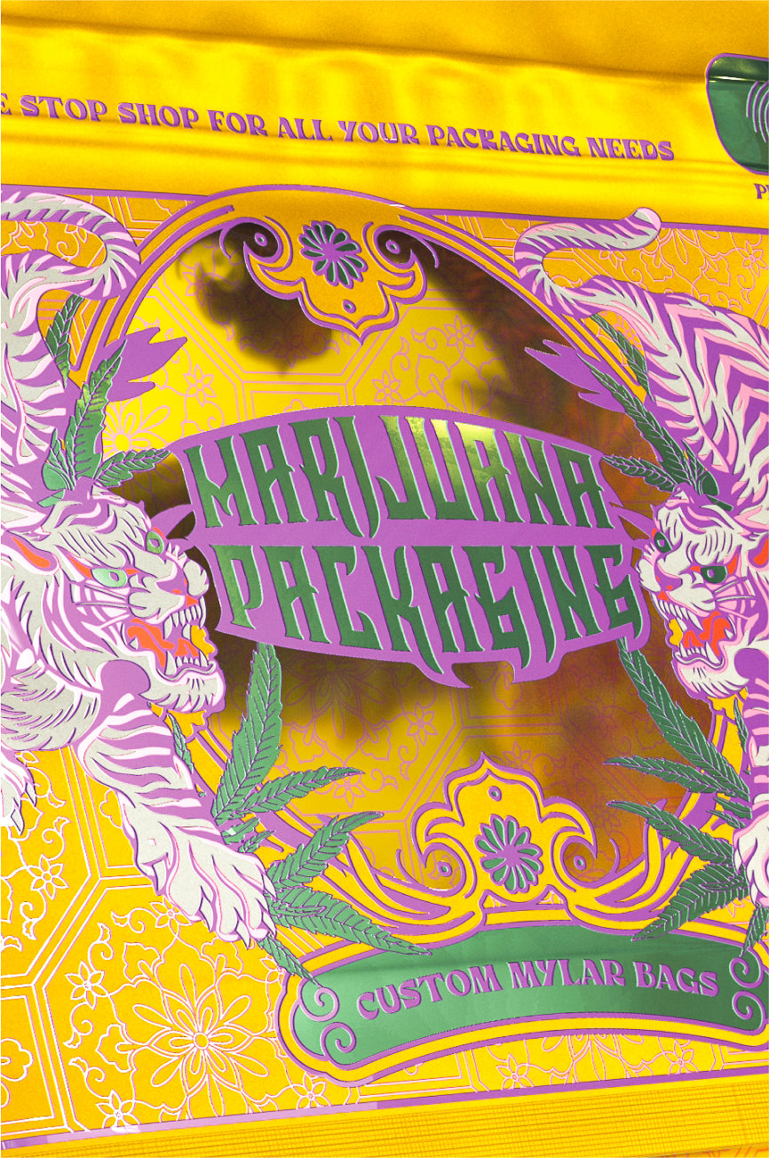 Colorful custom-printed packaging pouch with intricate designs and bold typography for enhanced product branding.