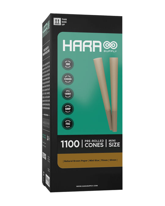 Hara Supply | Mini Size Unbleached Pre-Rolled Cones w/ Filter Tip | 70mm - Brown Paper - 1100 Count