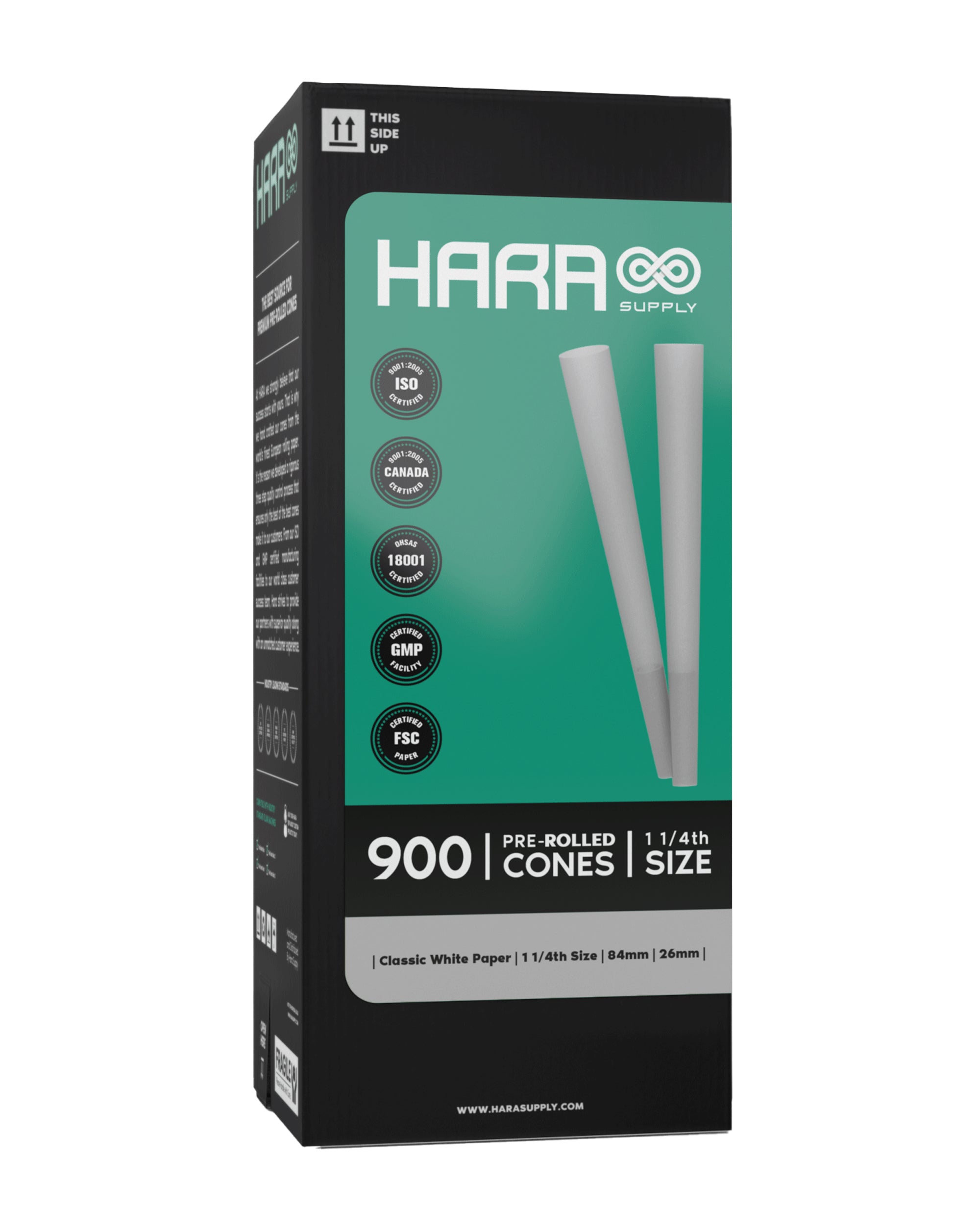 Hara Supply | 1 1/4 Size Pre-Rolled Cones w/ Filter Tip | 84mm - Bleached Paper - 900 Count