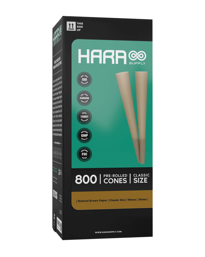 Hara Supply | Classic Size Unbleached Pre-Rolled Cones w/ Filter Tip | 98mm - Brown Paper - 800 Count Image