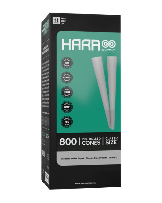 Hara Supply | Classic Size Bleached Pre-Rolled Cones w/ Filter Tip | 98mm - Bleached Paper - 800 Count