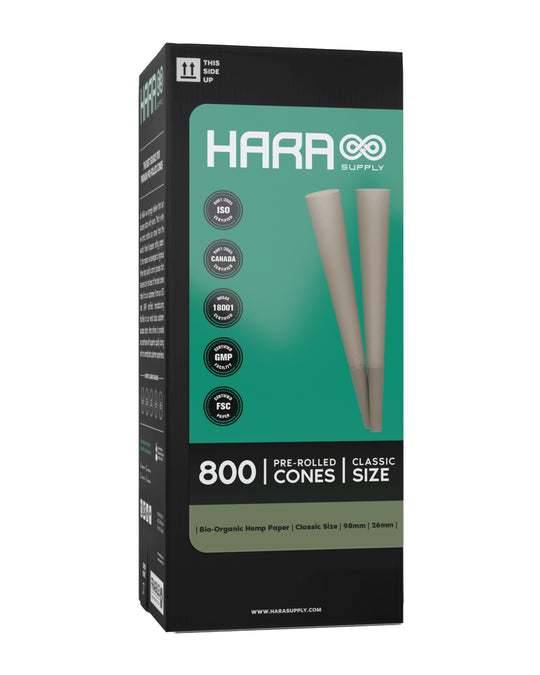 Hara Supply | Classic Size Pre-Rolled Cones w/ Filter Tip | 98mm - Organic Hemp - 800 Count