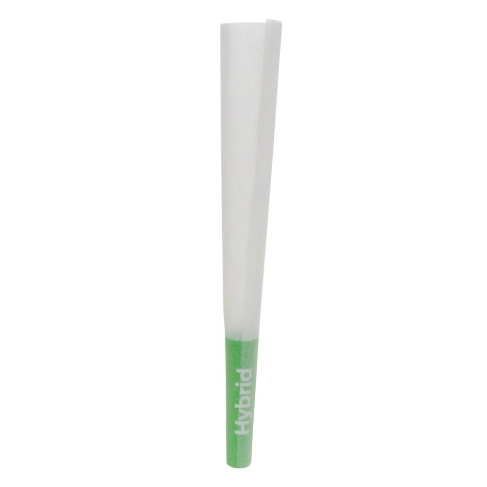CUSTOM CONES USA | 1 1/4 Size Pre - Rolled Cones w/ Green 'Hybrid' Text Filter Tip | 84mm - Refined White Paper - 900 Count - 1