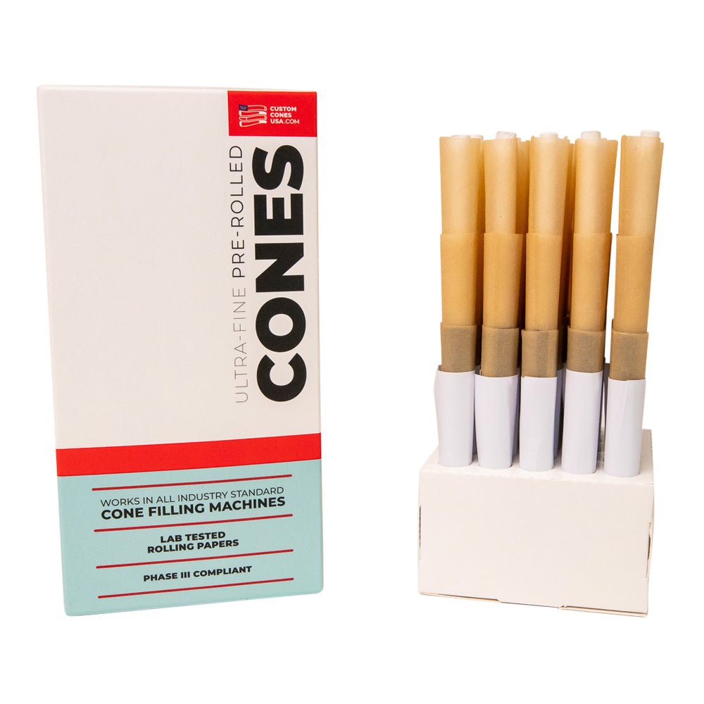 CUSTOM CONES USA | Pre - Rolled Cones w/ Glass Filter Tip | 90mm - Natural Brown Paper - 75 Count - 5