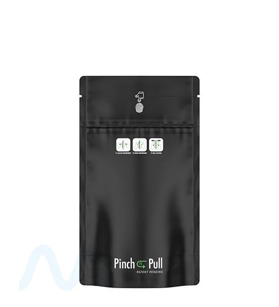 Child Resistant & Tamper Evident | Pinch N Pull Matte Black PCR Mylar Bags | 4in x 7in - 7g - 250 Count Image